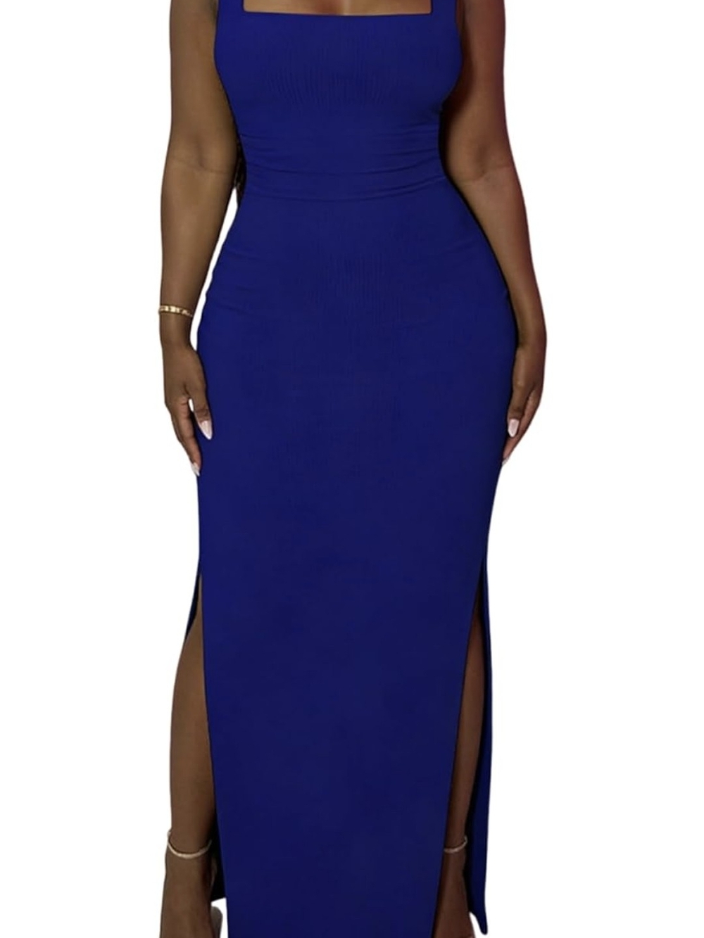 Square Neck Royal Blue Maxi Dress with Side Slits